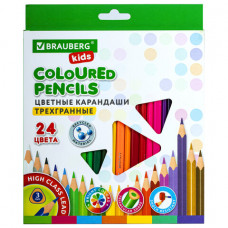 Карандаши цветные BRAUBERG KIDS, 24 цвета, трехгранный корпус, грифель мягкий 3 мм